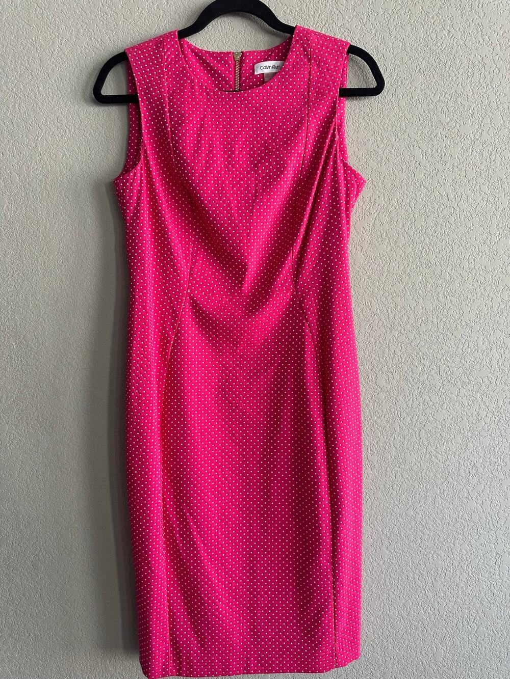 NWT Calvin Klein Pink Polka Dot Dress Women's Size 8 Sleeveless MSRP $90 Career
